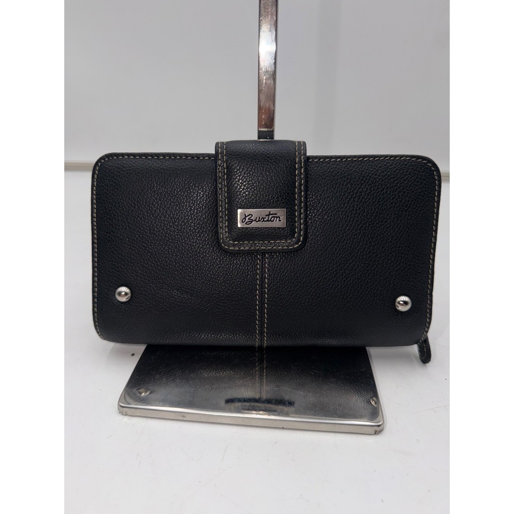 Buxton Black Pebbled Leather Clutch Wallet Snap Closure Organizer Zipper Pocket